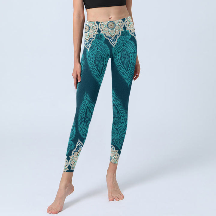 Buddha Stones Green Feather Flower Print Gym Fitness Leggings Women's Yoga Pants - image 6