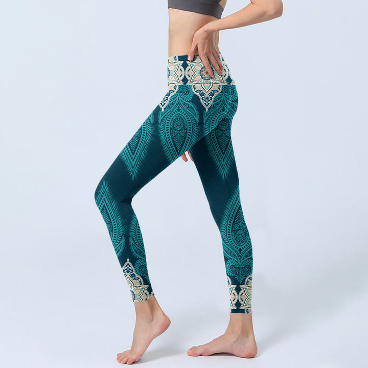 Buddha Stones Green Feather Flower Print Gym Fitness Leggings Women's Yoga Pants - image 3