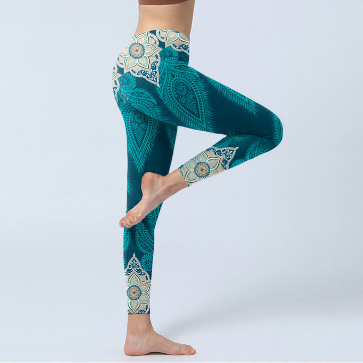 Buddha Stones Green Feather Flower Print Gym Fitness Leggings Women's Yoga Pants - image 4