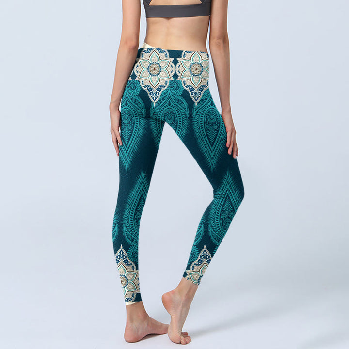 Buddha Stones Green Feather Flower Print Gym Fitness Leggings Women's Yoga Pants