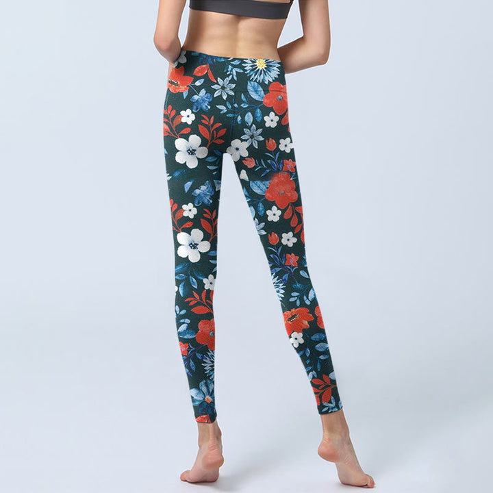 Buddha Stones Red White Flower Dandelion Print Gym Fitness Leggings Women's Yoga Pants