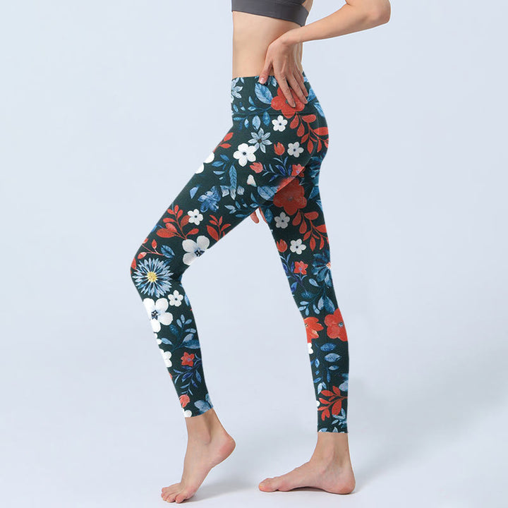 Buddha Stones Red White Flower Dandelion Print Gym Fitness Leggings Women's Yoga Pants