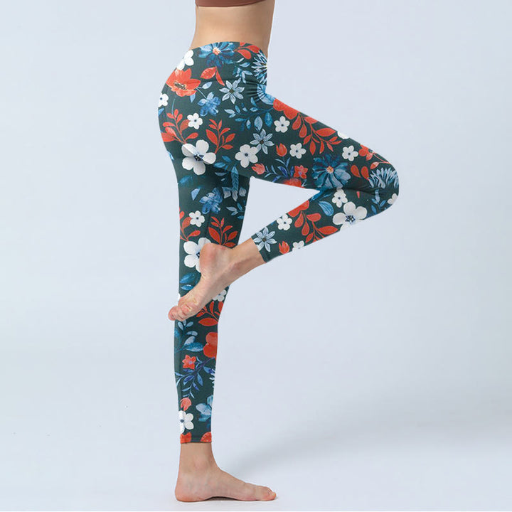 Buddha Stones Red White Flower Dandelion Print Gym Fitness Leggings Women's Yoga Pants - image 4
