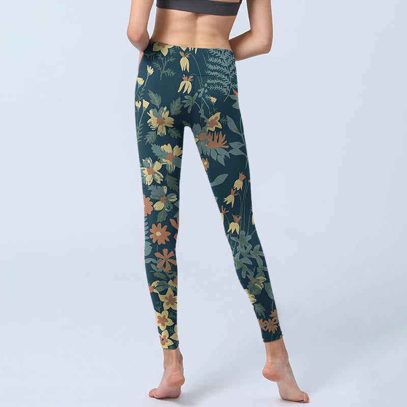 Buddha Stones Casual Daisy Flowers Leaves Print Gym Fitness Leggings Women's Yoga Pants