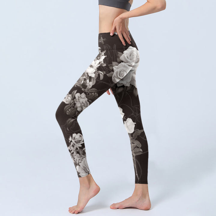 Buddha Stones Gray White Rose Print Gym Fitness Leggings Women's Yoga Pants - image 3