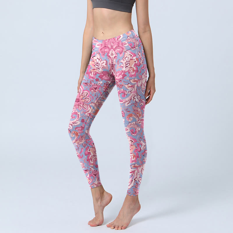 Buddha Stones Pink Flowers Print Gym Fitness Leggings Women's Yoga Pants - HotPink - US18，UK/AU22，EU50 (4XL) - image 0