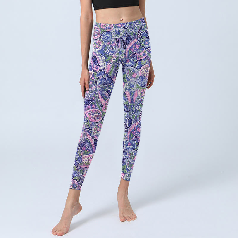 Buddha Stones Purple Pink Cashew Flower Print Gym Fitness Leggings Women's Yoga Pants