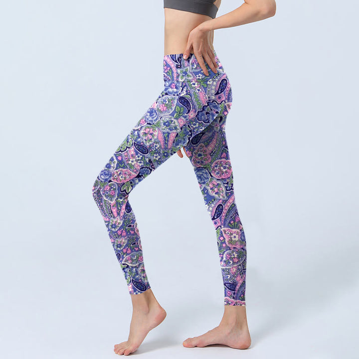 Buddha Stones Purple Pink Cashew Flower Print Gym Fitness Leggings Women's Yoga Pants