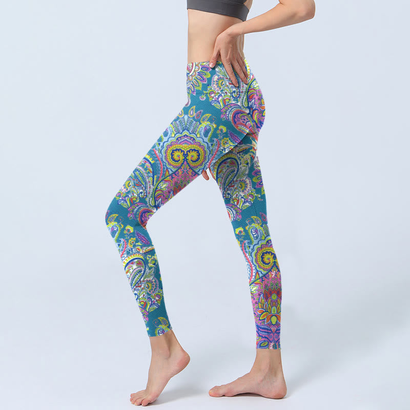 Buddha Stones Blue Pink Green Flower Print Gym Fitness Leggings Women's Yoga Pants - image 3