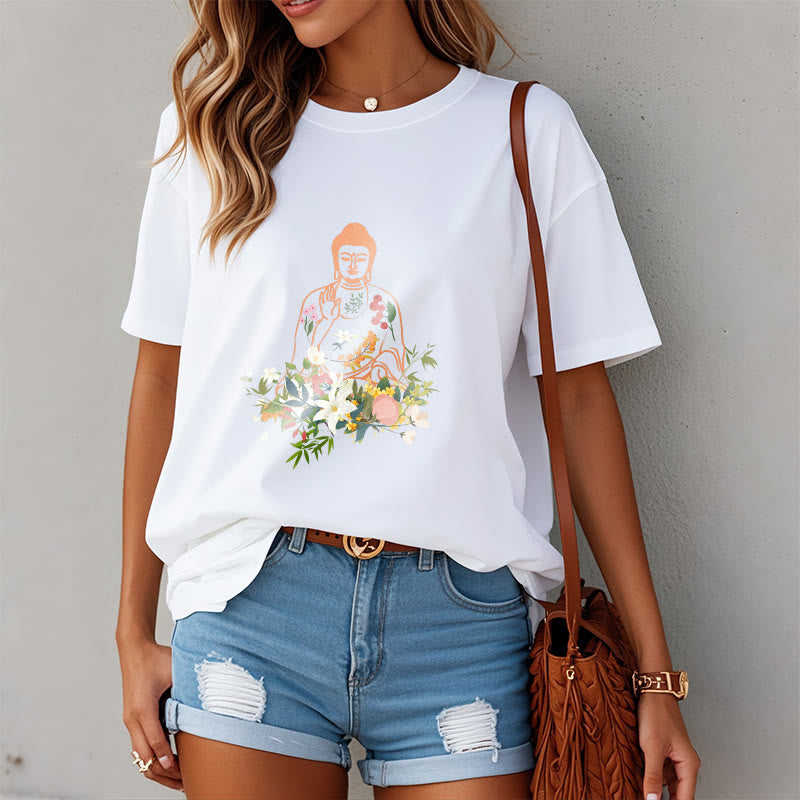 Buddha Stones Meditating Buddha Blooming Flowers Pattern Tee T-shirt - image 6