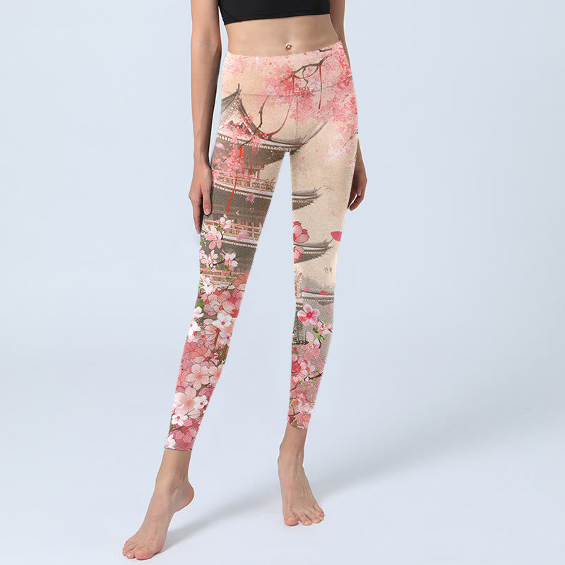 Buddha Stones Pink Sakura Antique Building Print Fitness Leggings Women's Yoga Pants