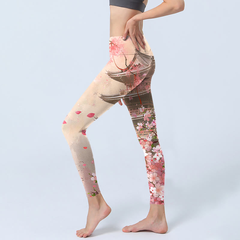 Buddha Stones Pink Sakura Antique Building Print Fitness Leggings Women's Yoga Pants - image 2