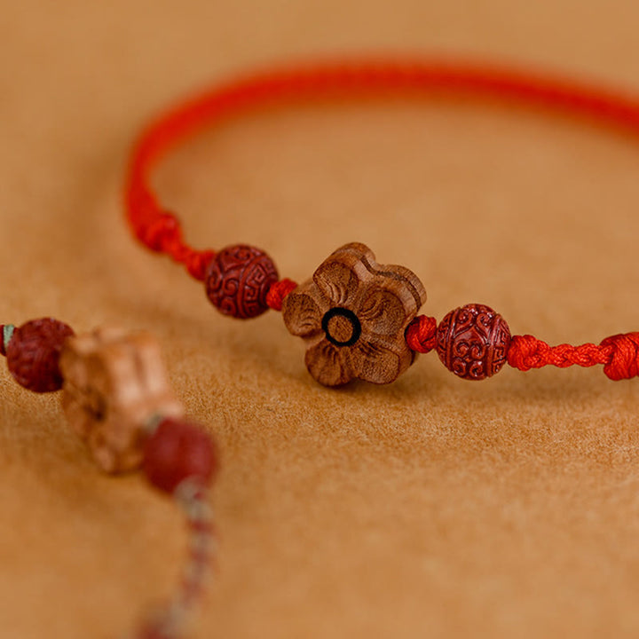 Buddha Stones Peach Wood Small Peach Blossom Cinnabar Wealth String Bracelet Anklet