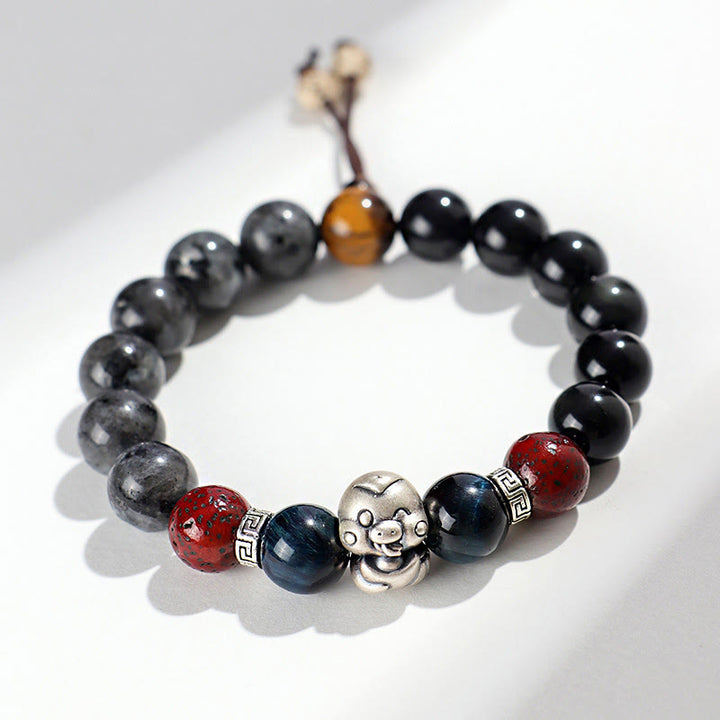 Buddha Stones Black Glitter Stone Black Onyx 999 Sterling Silver Fu Character Copper Coin Year Of Snake Protection Bracelet