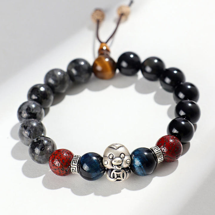 Buddha Stones Black Glitter Stone Black Onyx 999 Sterling Silver Fu Character Copper Coin Year Of Snake Protection Bracelet