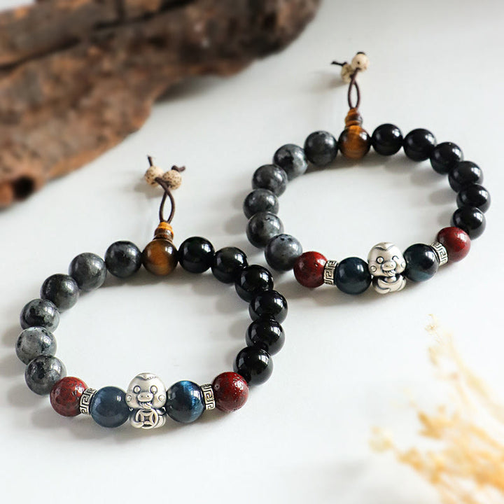 Buddha Stones Black Glitter Stone Black Onyx 999 Sterling Silver Fu Character Copper Coin Year Of Snake Protection Bracelet