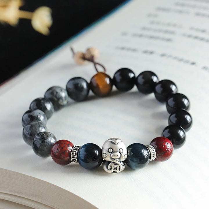 Buddha Stones Black Glitter Stone Black Onyx 999 Sterling Silver Fu Character Copper Coin Year Of Snake Protection Bracelet