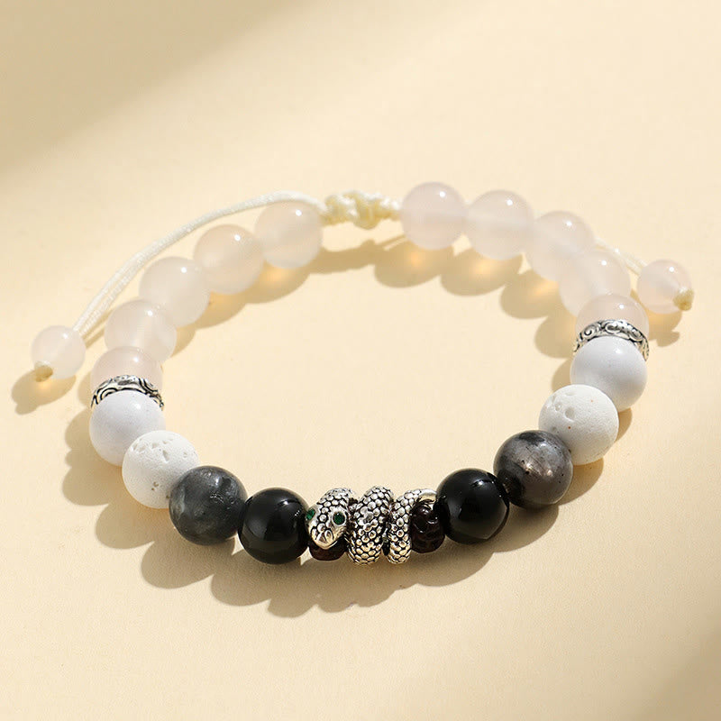 Buddha Stones Black Onyx Black Glitter Stone White Agate White Turquoise Year Of Snake Protection Bracelet