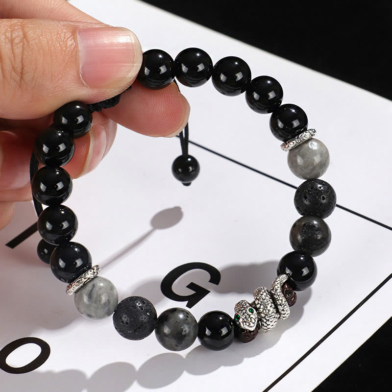 Buddha Stones Black Onyx Black Glitter Stone White Agate White Turquoise Year Of Snake Protection Bracelet