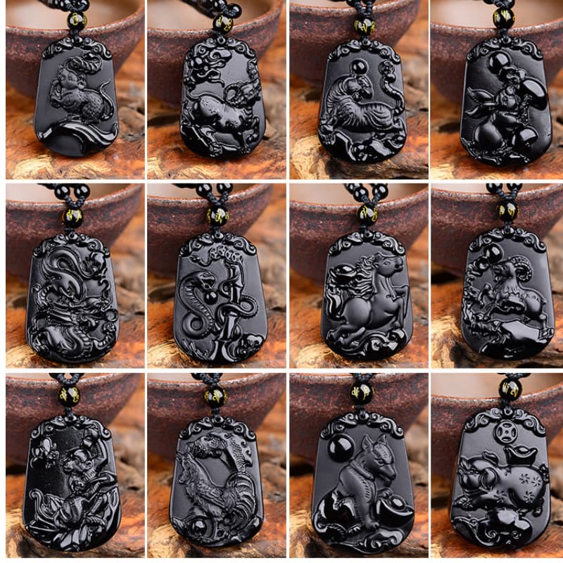 Buddha Stones Chinese Zodiac Obsidian Purification Fulfilment Necklace Pendant