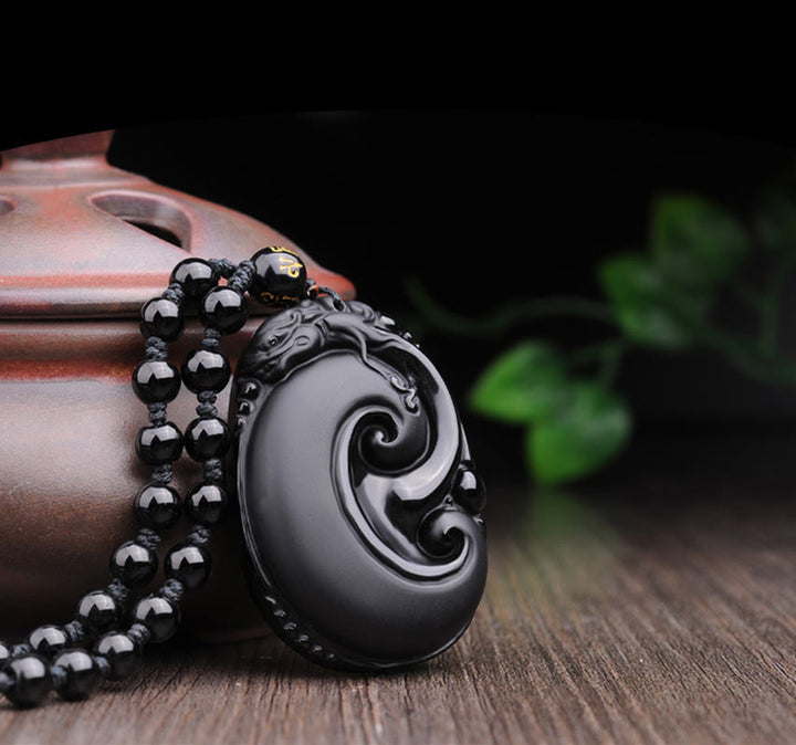 Buddha Stones Natural Black Obsidian PiXiu Oval Pattern Strength Necklace Pendant