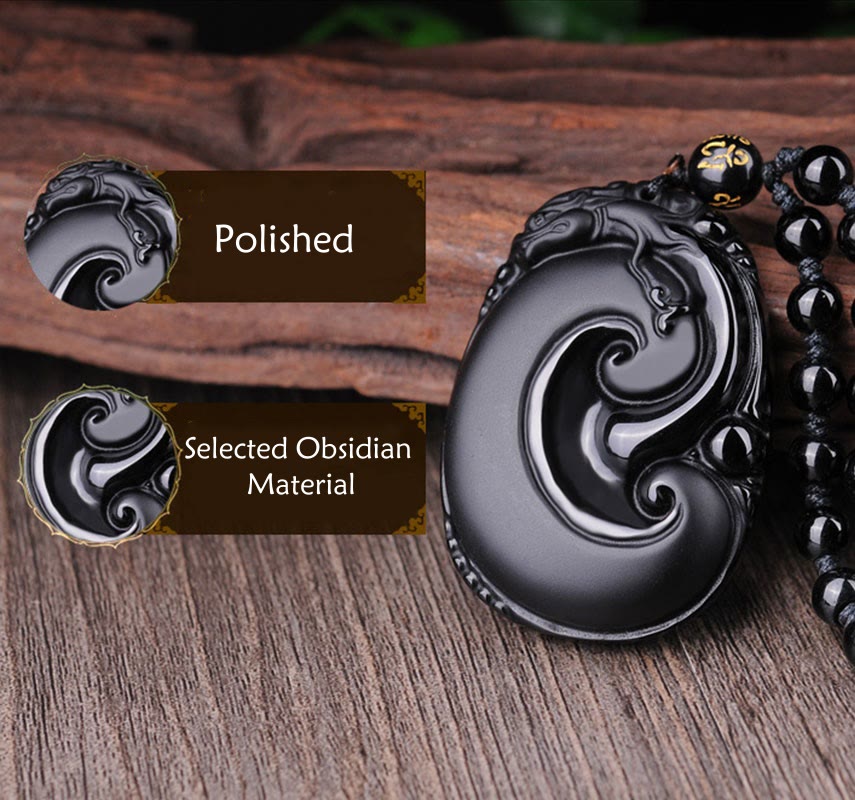 Buddha Stones Natural Black Obsidian PiXiu Oval Pattern Strength Necklace Pendant