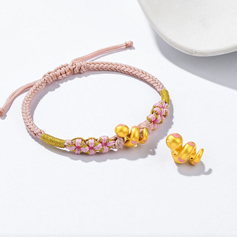 Buddha Stones 999 Gold Beads Enamel Pink Rope Year Of The Snake Luck Bracelet