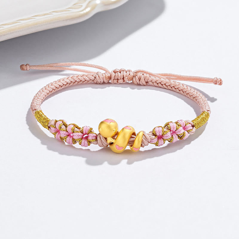 Buddha Stones 999 Gold Beads Enamel Pink Rope Year Of The Snake Luck Bracelet