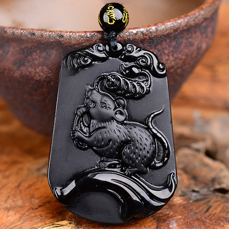 Buddha Stones Chinese Zodiac Obsidian Purification Fulfilment Necklace Pendant