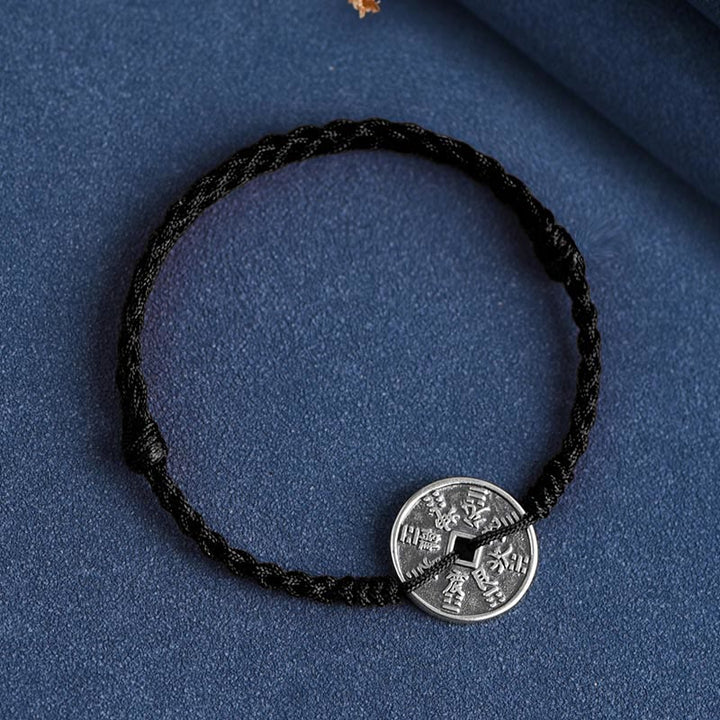 Buddha Stones 925 Sterling Silver Coin Protection Braided Bracelet Anklet