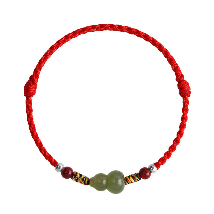 Buddha Stones Natural Hetian Jade Gourd Protection Luck Braided Bracelet Anklet