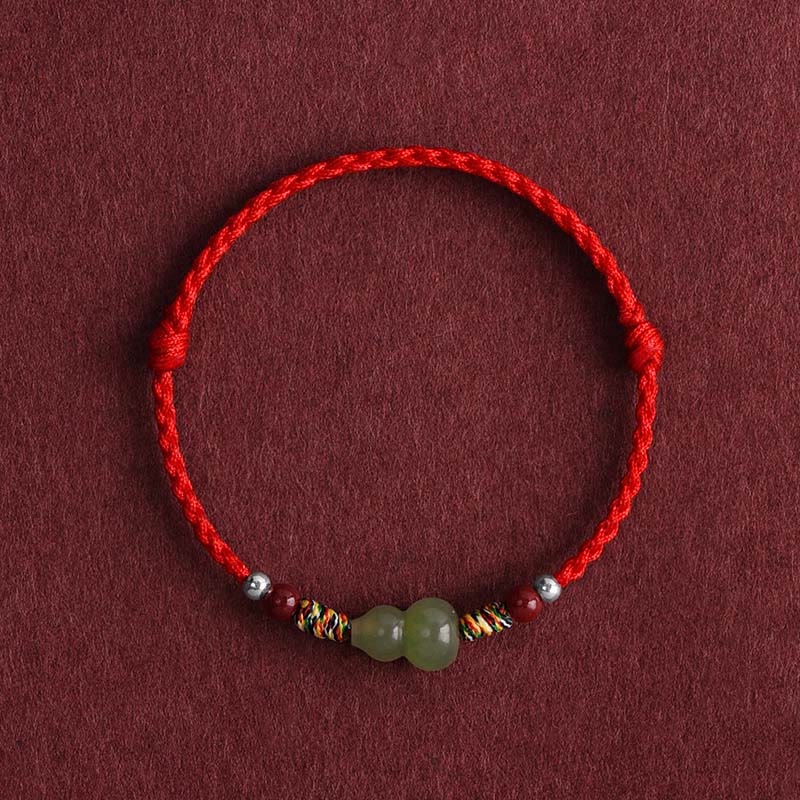 Buddha Stones Natural Hetian Jade Gourd Protection Luck Braided Bracelet Anklet