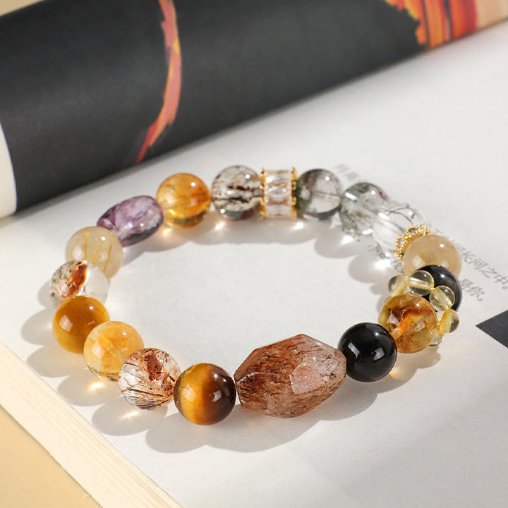 Buddha Stones Super Seven Crystal Topaz Obsidian Tiger Eye Positivity Bracelet