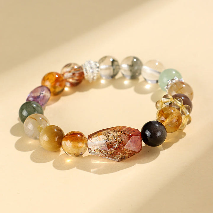 Buddha Stones Super Seven Crystal Topaz Obsidian Tiger Eye Positivity Bracelet