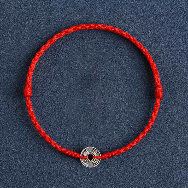 Buddha Stones 925 Sterling Silver Five Emperor Coins Red String Protection Luck Braided Bracelet Anklet - Red String Yongzheng Coin - Anklet(Circumference 17-30cm) - image 1