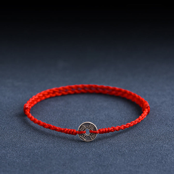 Buddha Stones 925 Sterling Silver Five Emperor Coins Red String Protection Luck Braided Bracelet Anklet