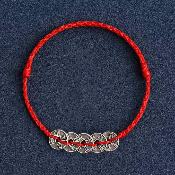 Buddha Stones 925 Sterling Silver Five Emperor Coins Red String Protection Luck Braided Bracelet Anklet