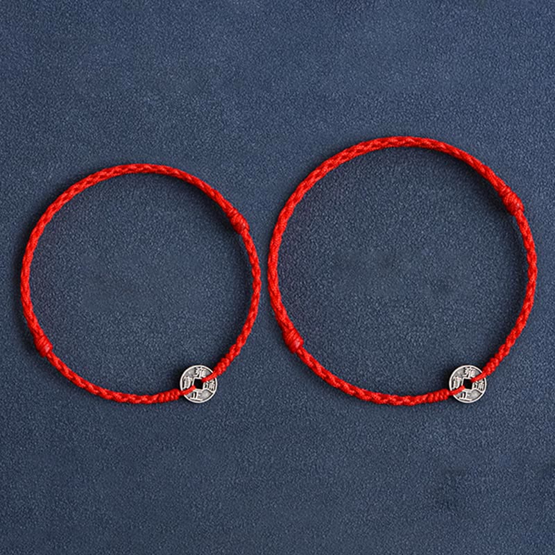 Buddha Stones 925 Sterling Silver Five Emperor Coins Red String Protection Luck Braided Bracelet Anklet