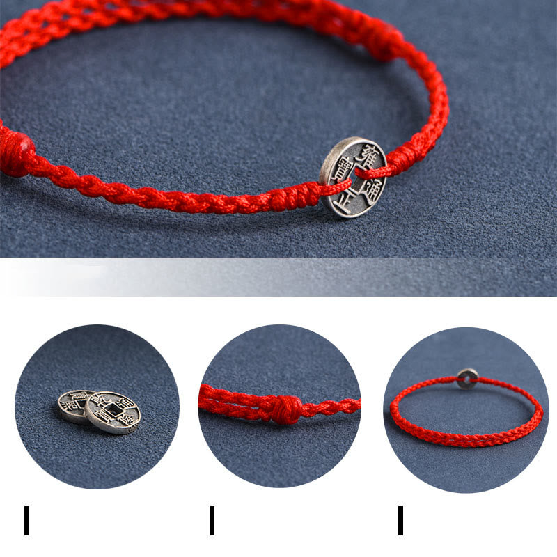 Buddha Stones 925 Sterling Silver Five Emperor Coins Red String Protection Luck Braided Bracelet Anklet