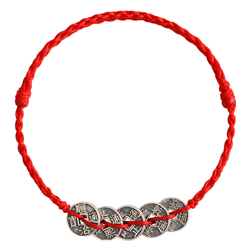 Buddha Stones 925 Sterling Silver Five Emperor Coins Red String Protection Luck Braided Bracelet Anklet