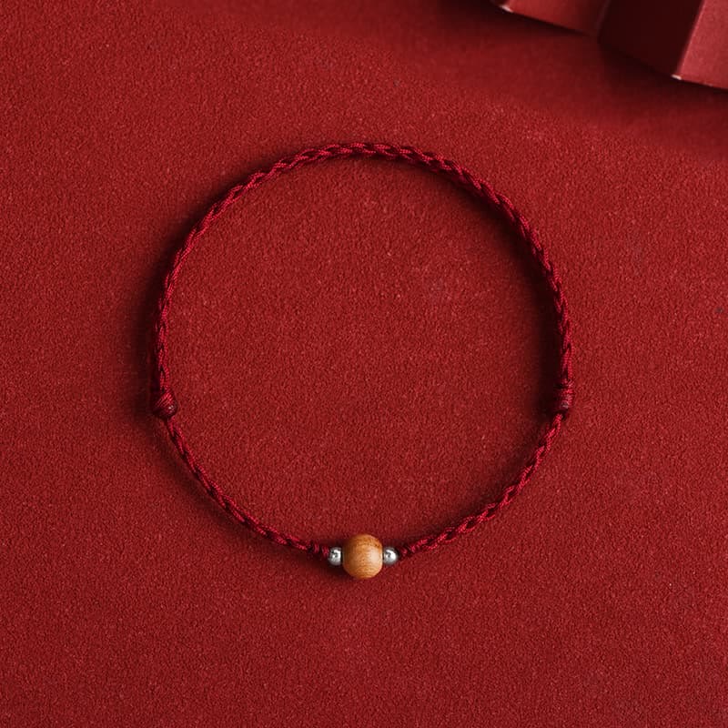 Buddha Stones Natural Peach Wood Bead Luck Braided Bracelet Anklet