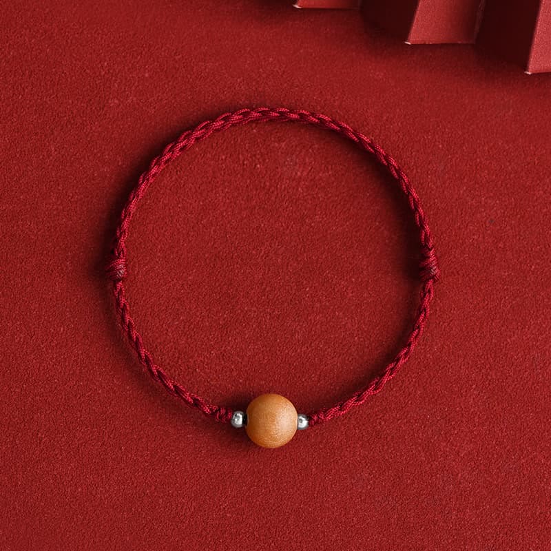 Buddha Stones Natural Peach Wood Bead Luck Braided Bracelet Anklet