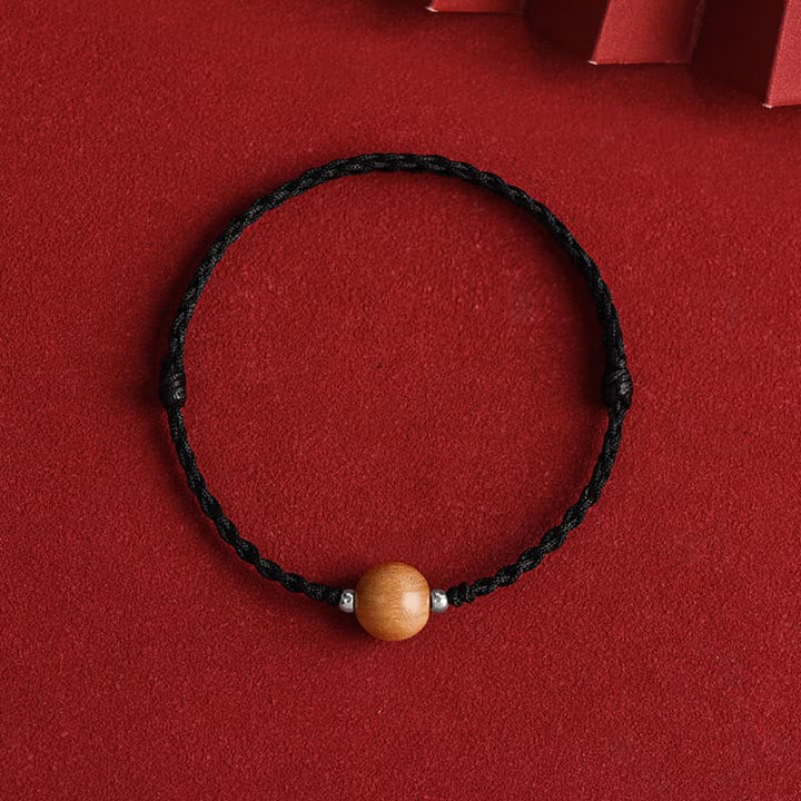 Buddha Stones Natural Peach Wood Bead Luck Braided Bracelet Anklet