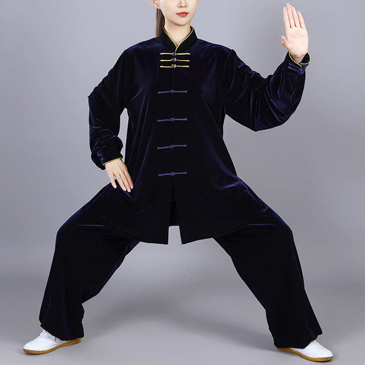 Buddha Stones 2Pcs Fall Winter Tai Chi Qigong Practice Unisex Frog-Button Meditation Velour Clothing Set - MidnightBlue - 3XL-FIT FOR US/UK/AU/EU-XL - image 0