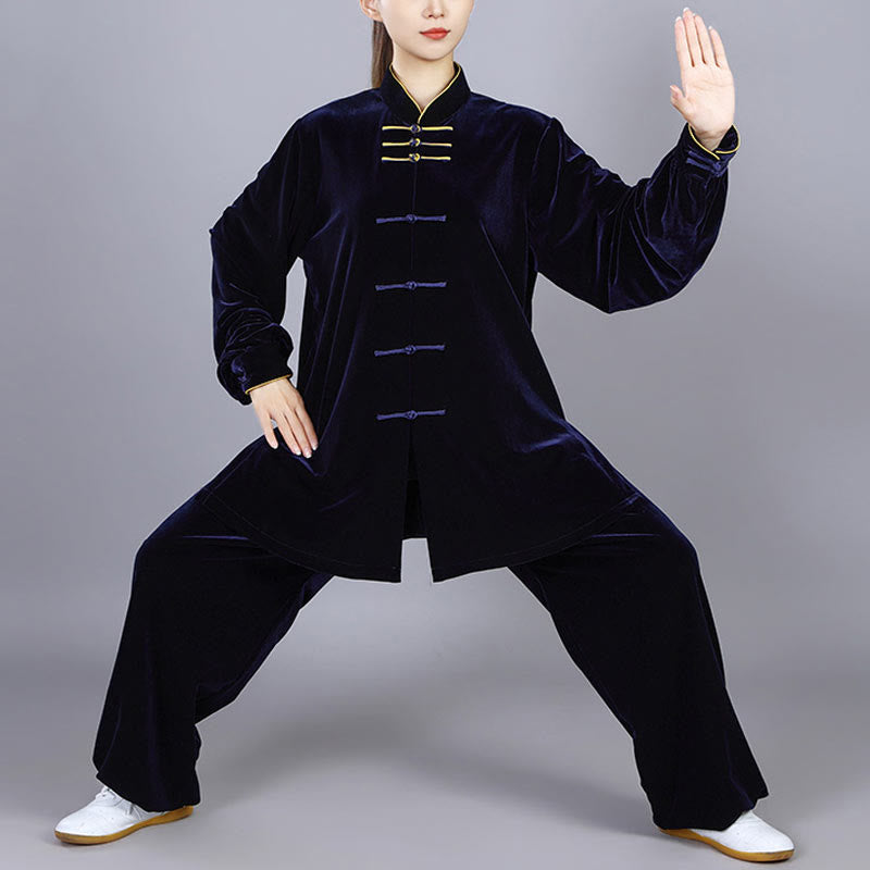 Buddha Stones 2Pcs Fall Winter Tai Chi Qigong Practice Unisex Frog-Button Meditation Velour Clothing Set - MidnightBlue - 3XL-FIT FOR US/UK/AU/EU-XL - image 0