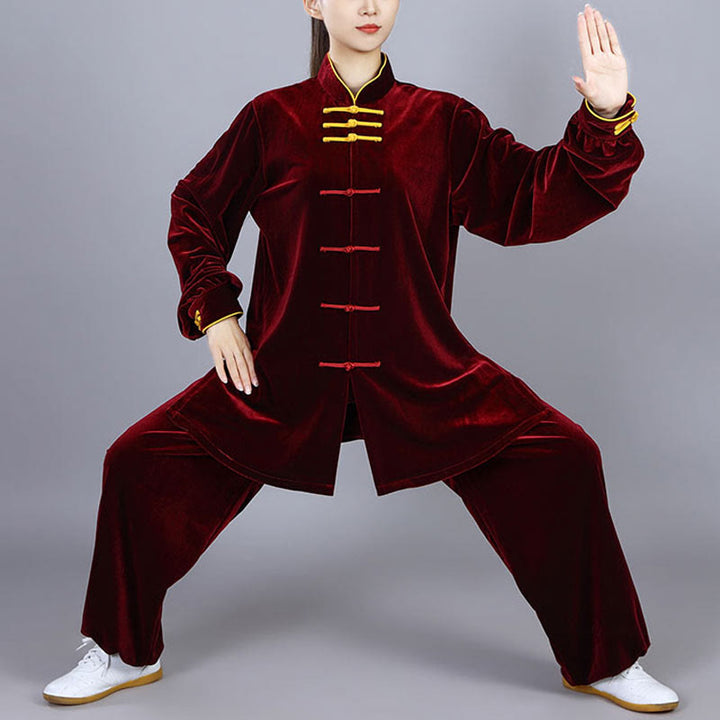 Buddha Stones 2Pcs Fall Winter Tai Chi Qigong Practice Unisex Frog-Button Meditation Velour Clothing Set - DarkRed - 3XL-FIT FOR US/UK/AU/EU-XL - image 2
