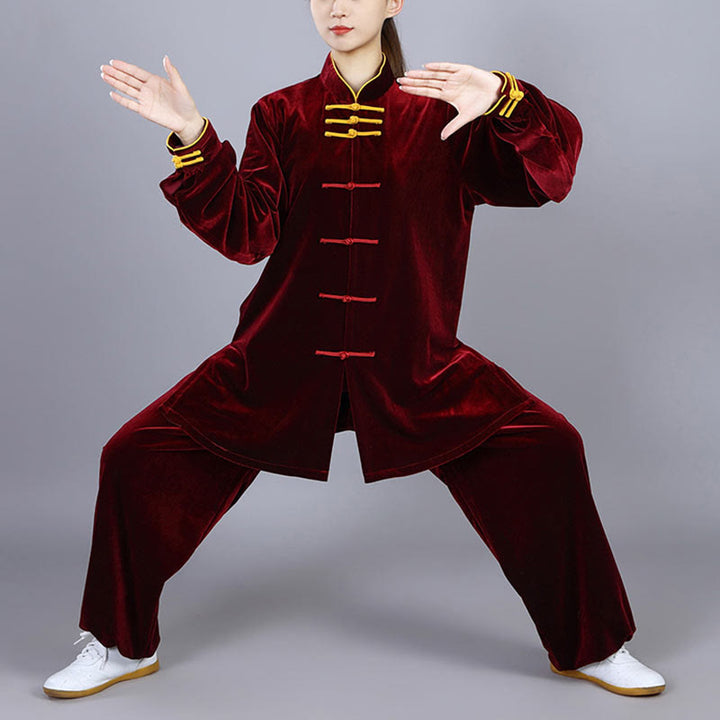 Buddha Stones 2Pcs Fall Winter Tai Chi Qigong Practice Unisex Frog-Button Meditation Velour Clothing Set - image 3