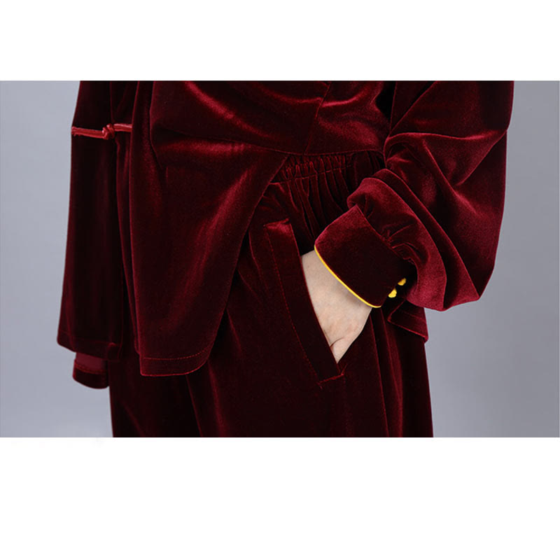 Buddha Stones 2Pcs Fall Winter Tai Chi Qigong Practice Unisex Frog-Button Meditation Velour Clothing Set - image 11