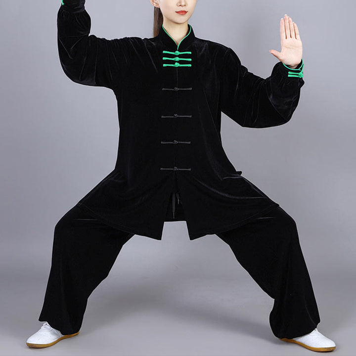 Buddha Stones 2Pcs Fall Winter Tai Chi Qigong Practice Unisex Frog-Button Meditation Velour Clothing Set - image 18