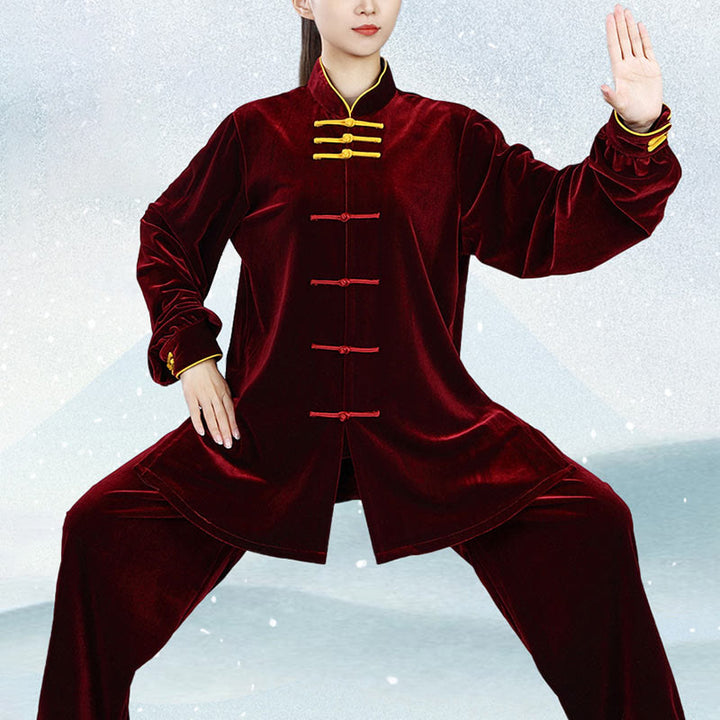 Buddha Stones 2Pcs Fall Winter Tai Chi Qigong Practice Unisex Frog-Button Meditation Velour Clothing Set - image 5